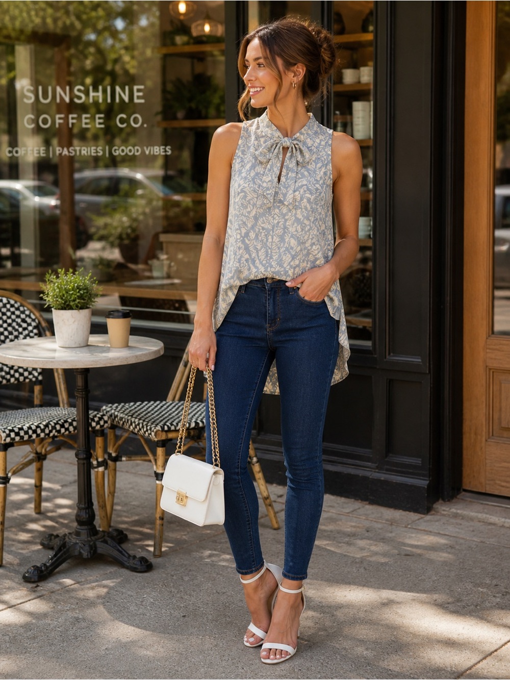 Kismet Blue and White Tie-Neck Sleeveless Blouse